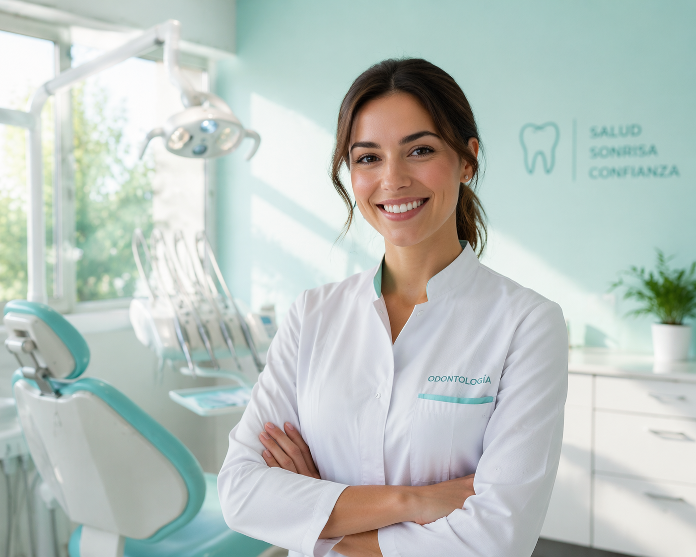 Profesional odontológica sonriendo en consultorio